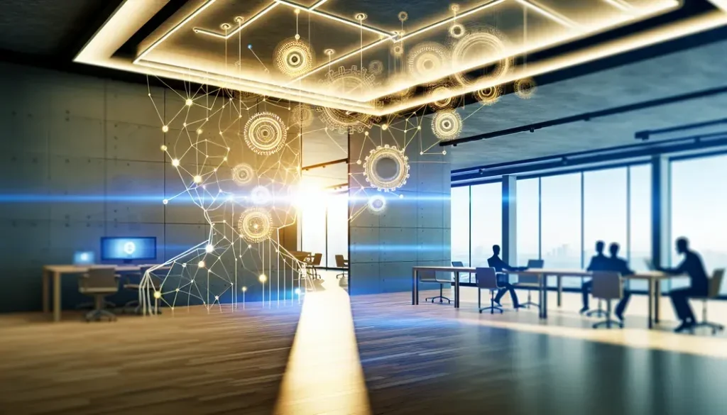Digital lines and gears representing AI in business integration.