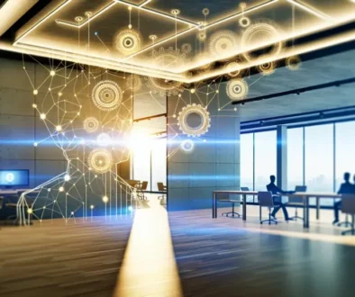 Digital lines and gears representing AI in business integration.
