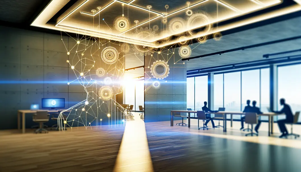 Digital lines and gears representing AI in business integration.