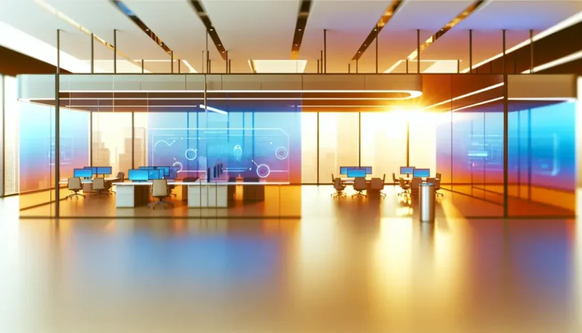 A modern office with automated systems in action, symbolizing strategic automation under a CEO's guidance.