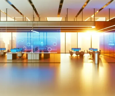 A modern office with automated systems in action, symbolizing strategic automation under a CEO's guidance.