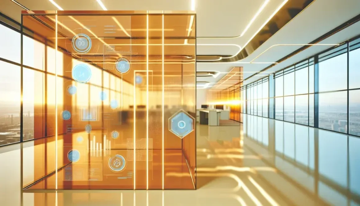 Executives in an office setting using AI-driven transparent digital displays for data analysis.