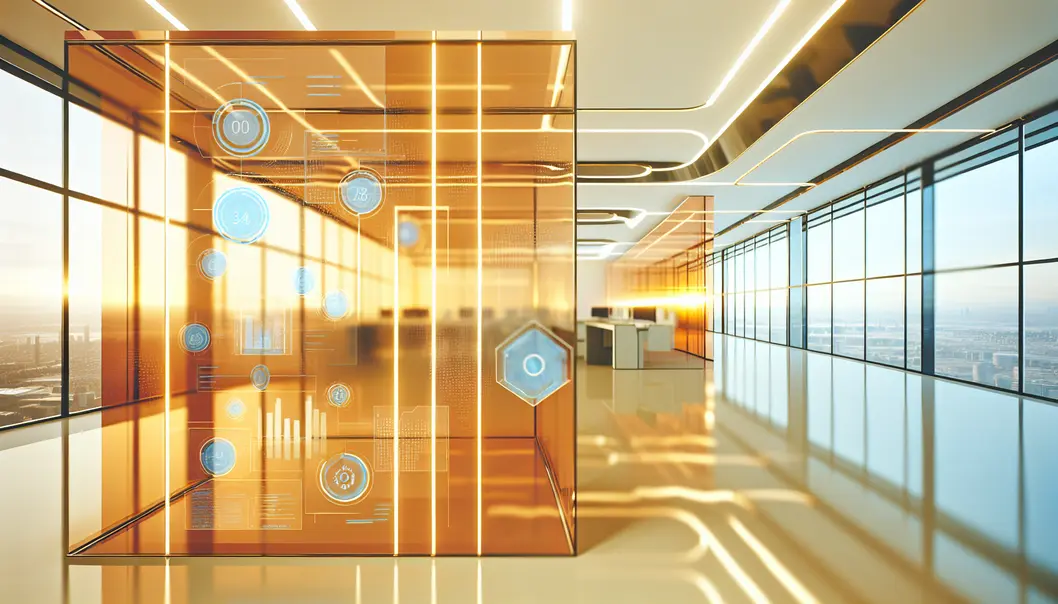 Executives in an office setting using AI-driven transparent digital displays for data analysis.